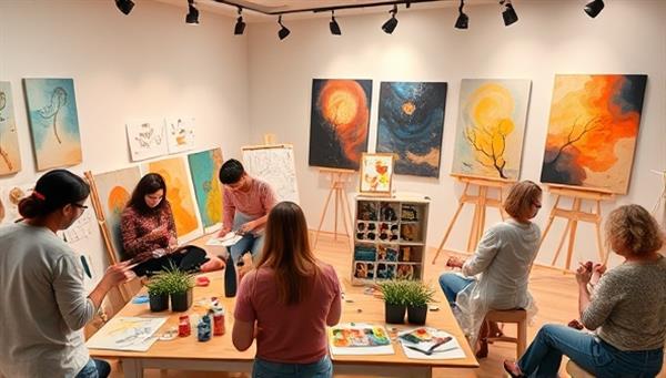 An uplifting virtual art therapy session with participants engaged in painting, drawing, and creative expression, surrounded by soothing colors and inspiring artwork that reflects a sense of healing, connection, and emotional well-being in a virtual studio setting.