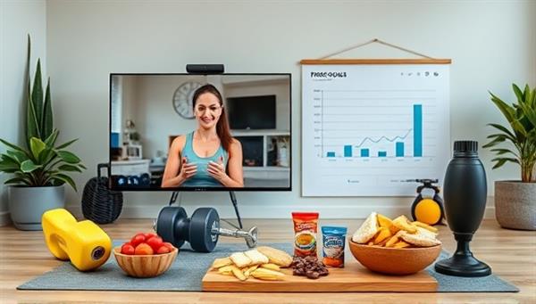 A motivating virtual fitness coaching scene with a coach guiding participants through a workout session via video call, displaying fitness equipment, healthy snacks, and a progress chart in the background, creating a dynamic and supportive fitness environment.