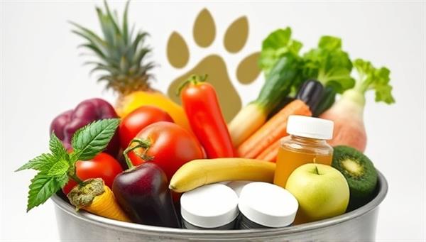 An assortment of fresh and colorful pet-friendly fruits, vegetables, and supplements arranged in a bowl, symbolizing a balanced and healthy diet for pets, with a paw print in the background, highlighting the focus on pet nutrition and well-being.