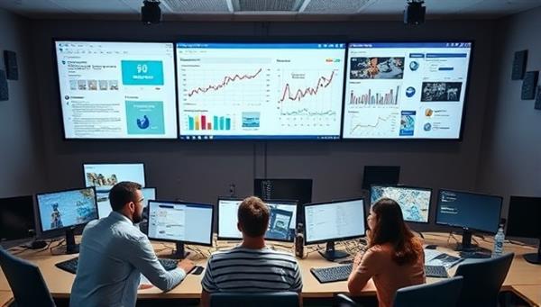 A digital marketing command center showcasing screens with social media dashboards, analytics tools, creative marketing campaigns in progress, and a team of digital marketers strategizing and optimizing online content, illustrating a dynamic and data-driven approach to digital marketing consultancy.