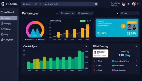 An affiliate marketing dashboard showcasing performance metrics, commission earnings, and campaign insights, providing affiliates with a user-friendly platform to track and optimize their promotional activities within the FitAffiliate Network.