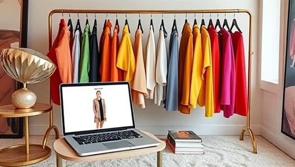 A chic and sophisticated virtual styling studio setup with a rack of colorful clothing pieces, style guides, and a laptop displaying a color analysis session, creating an elegant and empowering ambiance for clients seeking fashion advice from ChromaChic Consult.