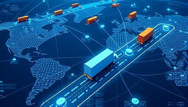 An interactive digital interface displaying a network of interconnected cargo trucks and containers moving along optimized routes, with real-time updates and matching algorithms, showcasing the efficiency and collaboration enabled by CargoLink Exchange in the logistics industry.