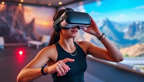 An immersive virtual reality fitness environment featuring a user wearing VR gear, engaging in a workout challenge surrounded by virtual scenery and fitness elements, highlighting the interactive and motivating aspects of the platform.