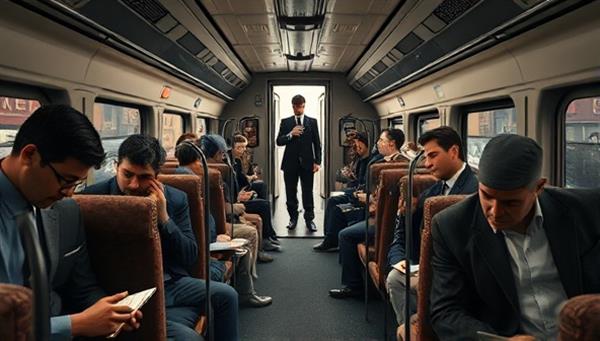 A captivating visual representation of a virtual train carriage filled with various passengers, each engaged in solving puzzles and deciphering clues, with a mysterious conductor figure in the background, setting the scene for an immersive and suspenseful mystery adventure.