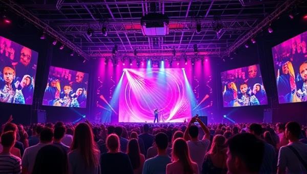A vibrant digital stage setup with holographic effects, showcasing a virtual concert with a diverse crowd of avatars enjoying the music, conveying a dynamic and immersive experience.