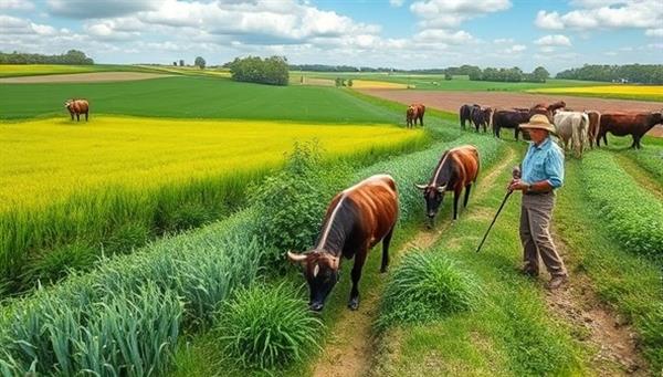 A captivating virtual farm tour experience featuring lush fields, grazing animals, and farmers showcasing sustainable farming practices, providing an immersive and educational glimpse into the world of agriculture through FarmVision Virtual.
