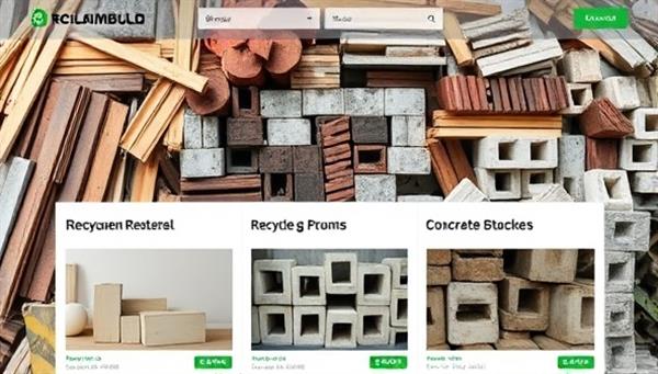 An array of construction waste materials such as wood scraps, metal beams, and concrete blocks displayed on the ReclaimBuild platform, with options for recycling, upcycling, and selling, showcasing the environmentally friendly and profitable opportunities available through the marketplace.