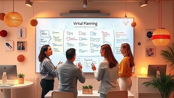 A dynamic visual representation of a virtual event planning team brainstorming ideas on a digital whiteboard, surrounded by virtual event decor samples and interactive engagement tools, exuding creativity, teamwork, and innovation in event planning.