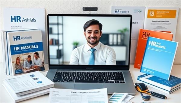 An online HR consultation session where an HR consultant advises a client on recruitment strategies and employee engagement initiatives via video call, surrounded by HR manuals, recruitment guides, and training materials, creating a professional and collaborative HR environment.