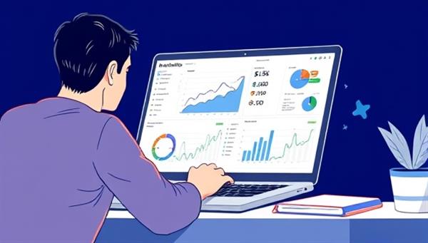 An illustration of a freelancer using the FreelanceFin Analytica tool on a laptop, with graphs, charts, and financial data visualizations, demonstrating efficient financial monitoring and management for independent professionals.