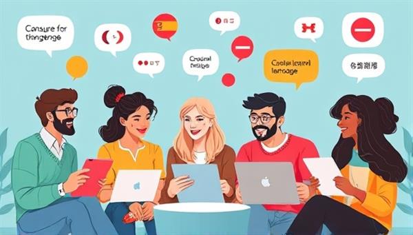 A vibrant digital illustration featuring a diverse group of language learners engaging in virtual language exchanges, practicing conversations in different languages, and sharing cultural insights, promoting the joy and connection of language learning online.