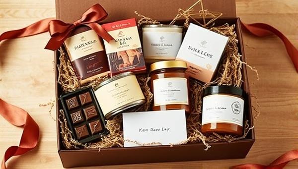 An elegantly designed gift box overflowing with artisanal chocolates, handcrafted candles, botanical soaps, and a personalized note, evoking a sense of luxury and thoughtfulness in gifting.