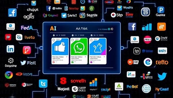 An illustration of a futuristic AI interface displaying colorful social media posts being generated and scheduled automatically, with a diverse set of business logos in the background, symbolizing broad industry applicability.