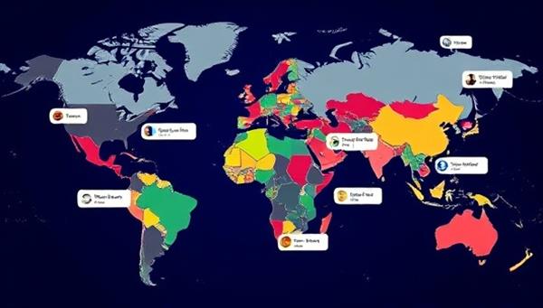 An interactive map displaying virtual language exchange connections worldwide, with language flags representing different countries and virtual chat bubbles connecting users for language practice, symbolizing global communication and cultural exchange.