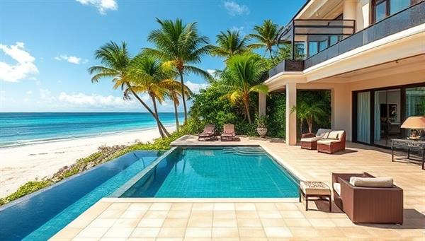 An opulent luxury villa overlooking a pristine beach, with a private infinity pool, lush tropical gardens, and a dedicated concierge attending to guests lounging on designer furniture, epitomizing the elite vacation experience managed by EliteRetreat Management.