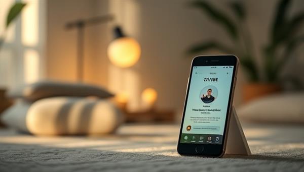 A serene and tranquil meditation space with soft lighting, comfortable cushions, and a mobile device displaying the ZenVibe app open to a guided meditation session, evoking a sense of calm and relaxation for users engaging with the mindfulness platform.