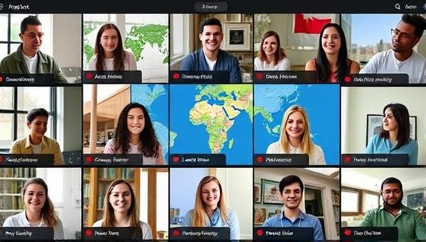 An interactive virtual language exchange session with participants from around the world engaging in language practice, cultural discussions, and virtual travel experiences, showcasing the diverse and immersive nature of the LingoLink platform.