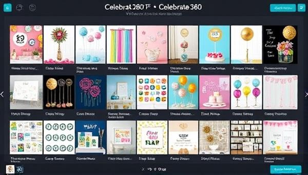 An array of virtual party decorations and interactive elements displayed on a digital platform, showcasing the variety and customization options available for hosting virtual parties with Celebrate360.