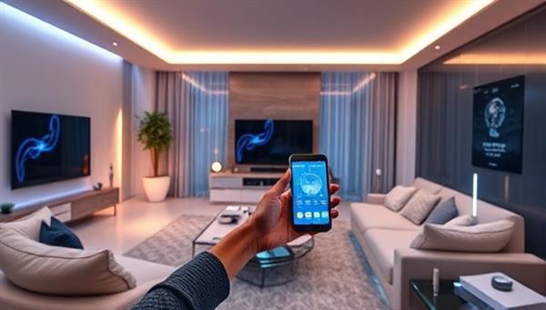 A modern living room setting with smart home devices seamlessly integrated, showcasing a user adjusting settings on a smartphone app with ease, surrounded by futuristic lighting and automated gadgets.