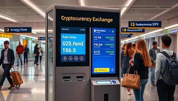 An innovative and sleek cryptocurrency exchange kiosk with a touch screen interface, cash input slot, and real-time exchange rate display, situated in a bustling airport terminal with travelers engaging with the machine, showcasing convenience and accessibility.