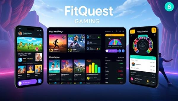 An engaging visual representation of the FitQuest Gaming app interface, featuring colorful graphics, interactive workout challenges, and progress tracking tools, set against a backdrop of virtual landscapes and fitness animations, illustrating the fusion of gaming and fitness elements in a captivating and motivating design.