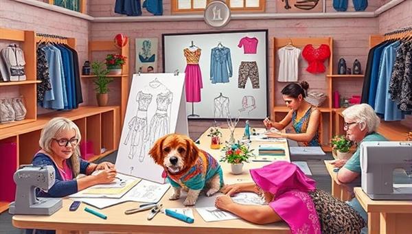 An artistic image of a virtual pet fashion design workshop with participants sketching pet clothing designs, selecting fabrics, and creating patterns, surrounded by sewing tools, colorful textiles, and stylish pet garments, evoking a sense of creativity and glamour.