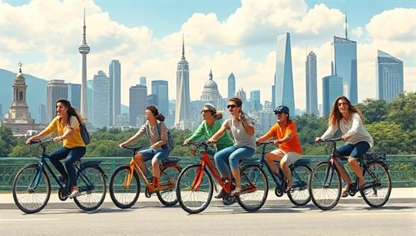 An artistic depiction of a diverse group of people riding colorful bikes through a scenic cityscape, with iconic landmarks in the background, conveying a sense of eco-friendly adventure and urban exploration.