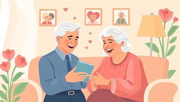 An illustration of a virtual companion engaging in a video call with an elderly individual, sharing stories and laughter, surrounded by images of joyful memories and comforting visuals, promoting companionship and care for seniors.