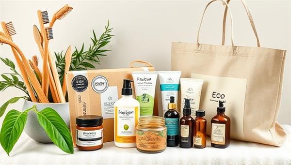 An eco-conscious lifestyle setting with a collection of beautifully arranged sustainable products like bamboo toothbrushes, organic skincare items, and reusable shopping bags, showcasing the variety and appeal of the subscription boxes.