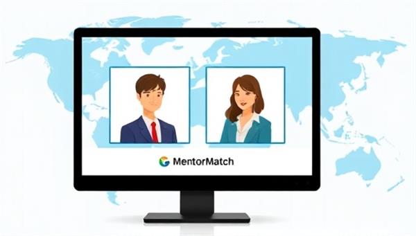 An engaging graphic showcasing a virtual meeting between a mentor and mentee on a computer screen, with a backdrop of a global map symbolizing the diverse connections and opportunities available through MentorMatch.