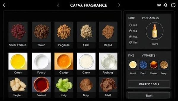 An elegant digital interface displaying a variety of fragrance notes and ingredients, with virtual mixing tools and personalized scent profiles, evoking a sense of luxury and creativity in custom fragrance creation.