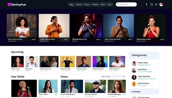 An online platform interface showcasing a diverse array of talent profiles, performance videos, and upcoming virtual events, reflecting the vibrant and inclusive community of TalentoSphere.