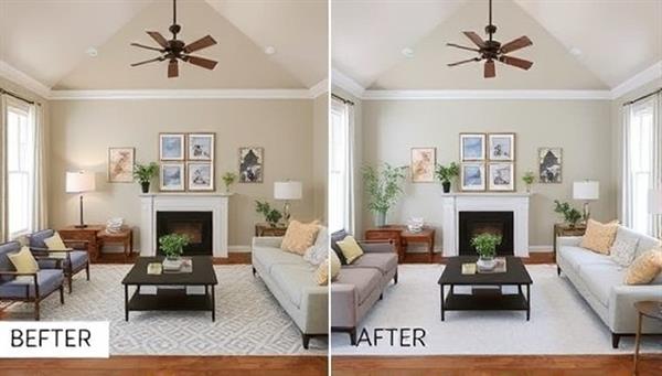 A split-screen showing a cozy living room before and after a virtual design consultation, with mood boards, color swatches, and furniture samples digitally superimposed on the room, illustrating the transformation potential.