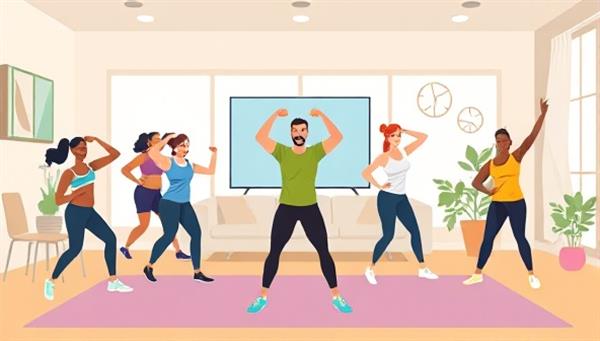 An energizing and dynamic virtual workout session illustration featuring diverse participants engaging in various exercises, led by a motivational fitness instructor on the FitFlex platform, showcasing the inclusivity and effectiveness of home workouts.