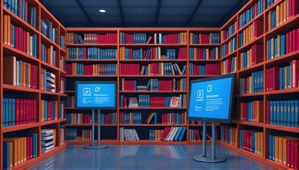 An illustration of a virtual legal library with shelves filled with legal books and digital screens displaying legal resources, symbolizing a vast knowledge hub accessible to members of the platform.