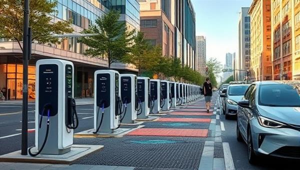 An urban landscape showcasing a network of sleek and modern EV charging stations strategically placed along a busy street, with EV owners plugging in their vehicles and a digital display showing charging status and available spots, illustrating convenience and sustainability in urban mobility.