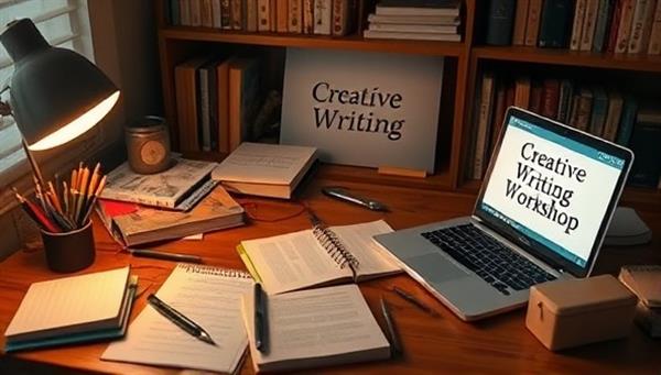 An inspiring workspace with a desk scattered with writing tools, books, and a laptop displaying a creative writing workshop in progress, evoking a sense of creativity and productivity.