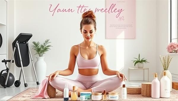 A virtual beauty fitness coaching session with a certified coach guiding a client through a workout routine, skincare regimen, and mindfulness exercises, surrounded by fitness equipment, beauty products, and positive affirmations, promoting a balanced and healthy approach to beauty and wellness.