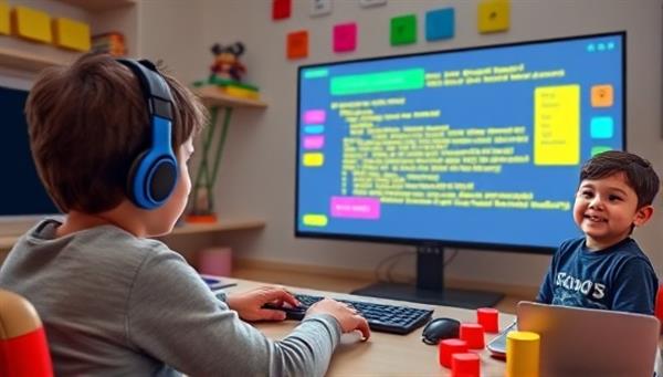 An engaging virtual coding class for kids with colorful coding blocks and a young instructor guiding students through a coding project, creating a fun and educational environment for children to learn coding skills online.