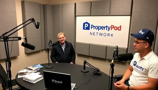 A dynamic podcast studio setup with microphones, recording equipment, soundproofing panels, and branded merchandise, creating a professional and engaging environment for hosting insightful discussions and interviews on the PropertyPod Network.