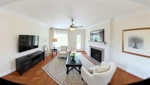 An immersive virtual reality scene showcasing a beautifully staged living room in a virtual property tour, with interactive elements for users to explore different angles and features of the room, highlighting the engaging and realistic experience of VirtuEstate Tours.