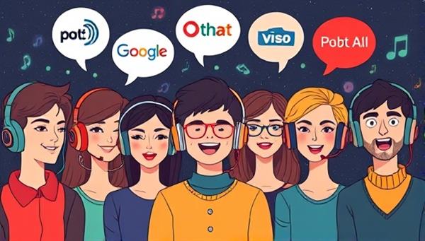 An artistic illustration of a diverse group of people wearing headphones, each immersed in their own world of podcasts, with speech bubbles showing excitement and engagement, symbolizing the personalized listening experience offered by PodGuru.