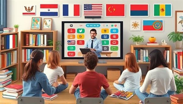 An engaging visual of a virtual language lesson in progress, with a diverse group of students interacting with a tutor on a screen, surrounded by language textbooks, flags, and cultural artifacts, conveying learning and diversity.