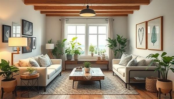 An inviting living room transformed through eco-friendly renovations, featuring energy-efficient lighting, reclaimed wood furniture, and indoor plants, illustrating a harmonious blend of sustainability and style.