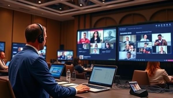 A virtual event setup featuring a professional coordinating a virtual conference, with multiple screens displaying interactive content, engaging attendees, and monitoring real-time analytics, symbolizing seamless virtual event planning and execution.