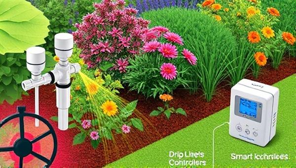 An engaging digital illustration of a smart irrigation system being installed in a lush garden setting, with sensors, controllers, and drip lines strategically placed among vibrant plants and flowers, showcasing the seamless integration of technology and nature in AquaSmart Solutions