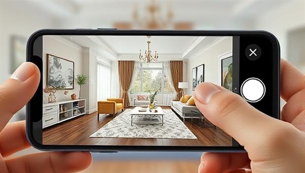 An AR visualization of a living room with virtual furniture and decor items overlaid on the camera view of a smartphone, showcasing the realistic and immersive design experience offered by DecoVision AR for creating personalized and stylish home interiors through augmented reality technology.