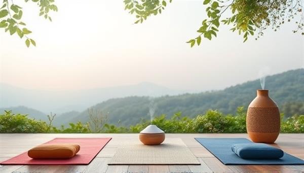 A serene virtual wellness retreat setting featuring a tranquil nature backdrop, yoga mats, meditation cushions, and calming aromatherapy diffusers, creating a peaceful and inviting space for virtual relaxation and rejuvenation experiences.