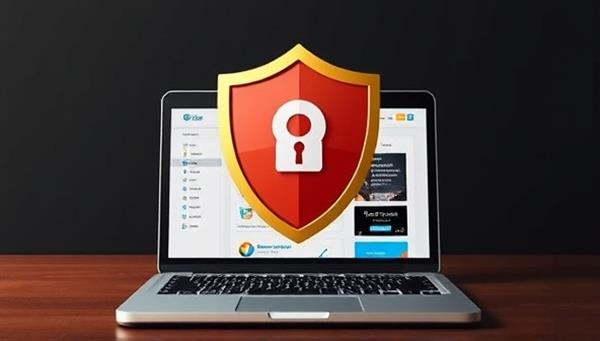 A website security shield enveloping a laptop displaying a website dashboard with various maintenance tools and update notifications, symbolizing the protection and care provided by SiteSustain